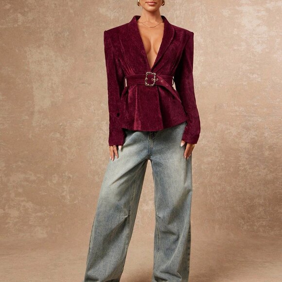 Burgundy Elegant Women's V-Neck Corduroy semi oversized belted Blazer - Picture 4 of 7